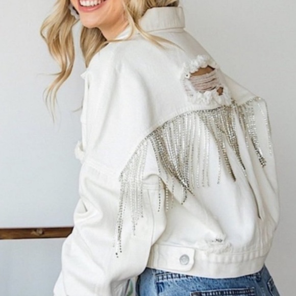 White Cropped Denim Jacket w/ Diamond Tassels - Picture 1 of 7